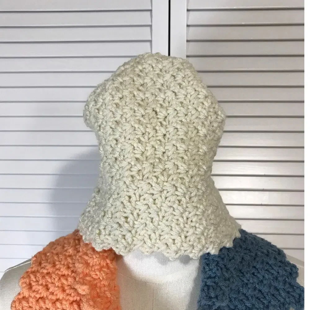 NWT Handmade Crochet Textured Winter Beige Striped Scarf 66” & Beanie